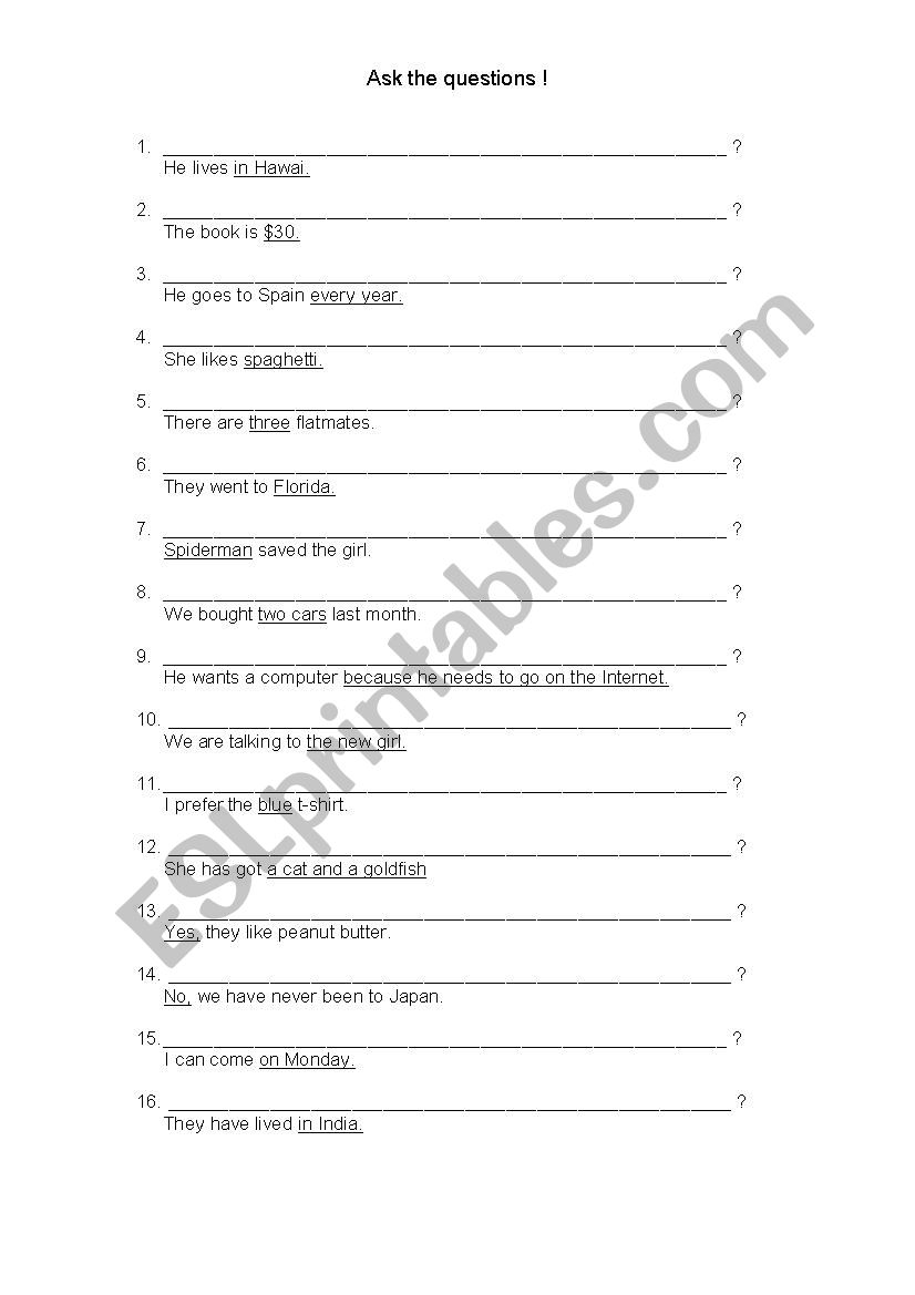 Ask the question worksheet