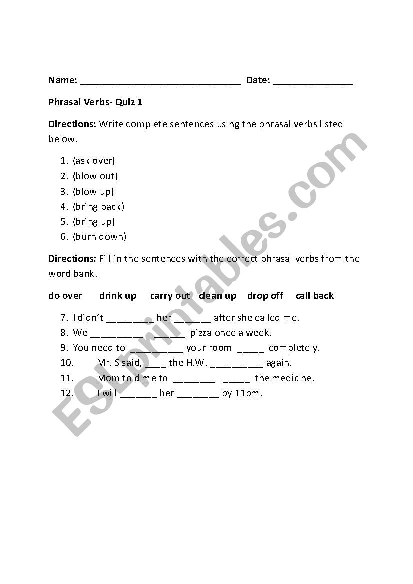 Phrasal Verbs- Quiz 1 worksheet