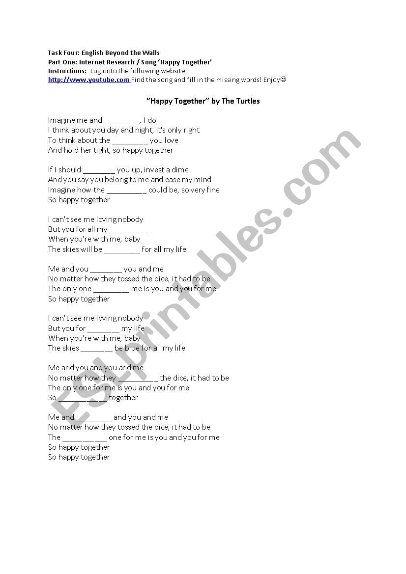 Happy Together Song Esl Worksheet By Gokcebulut
