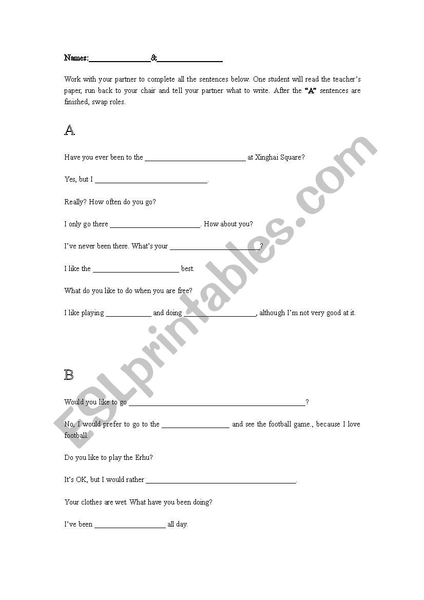 Pairs running dictation worksheet