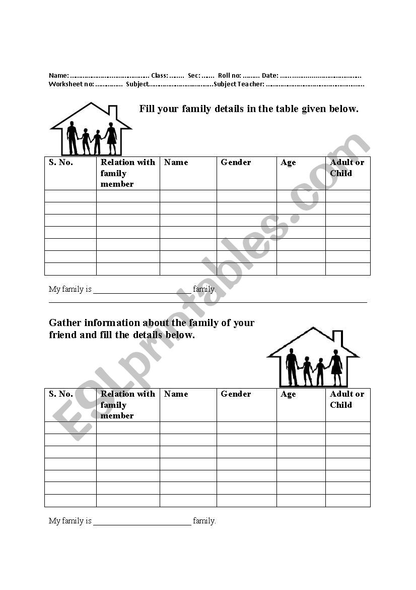 Nuclear & Joint Family worksheet