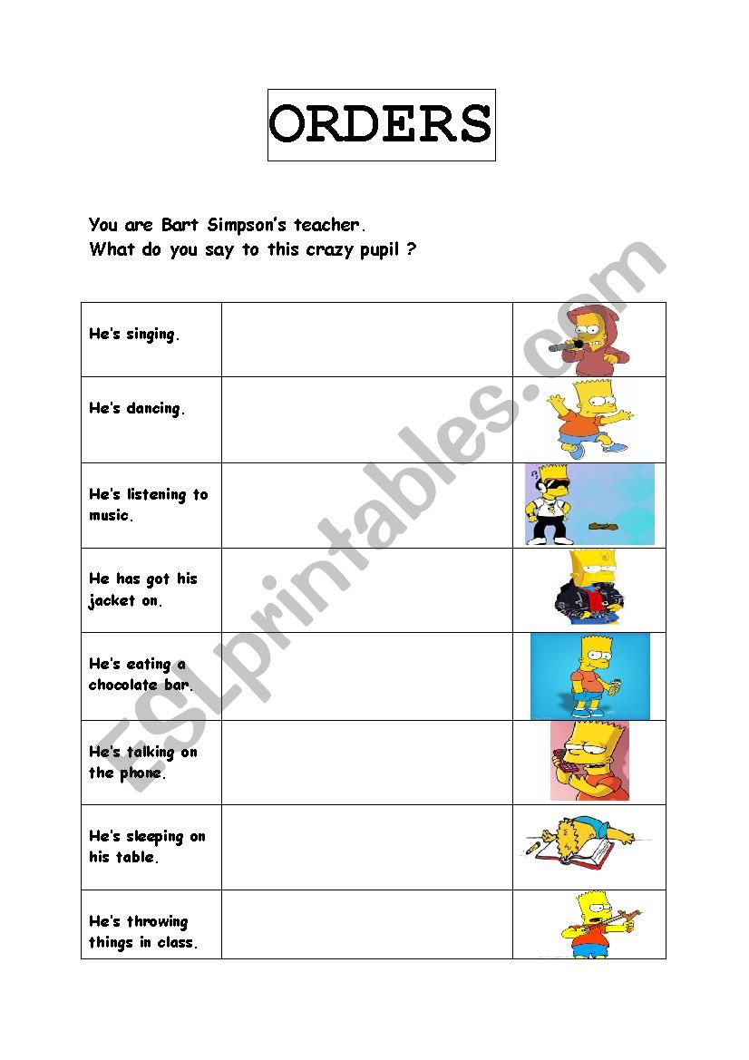 ORDERS TO BART worksheet