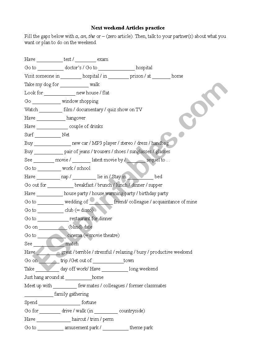Next weekend articles practice