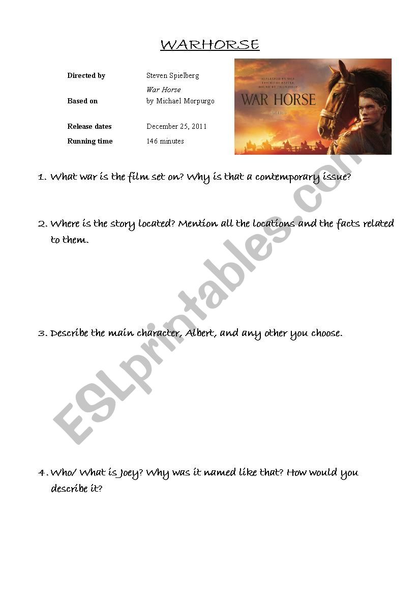 Warhorse comprehension sheet worksheet