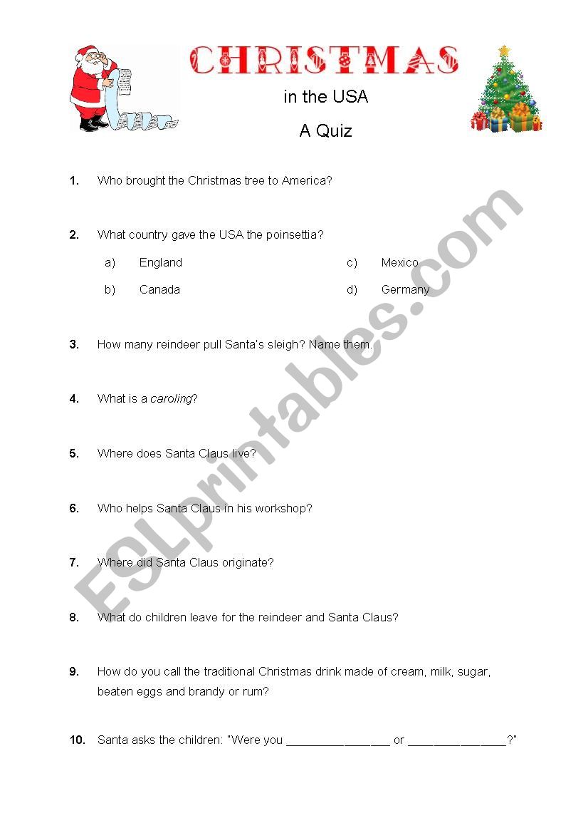 Christmas in the USA-Quiz worksheet