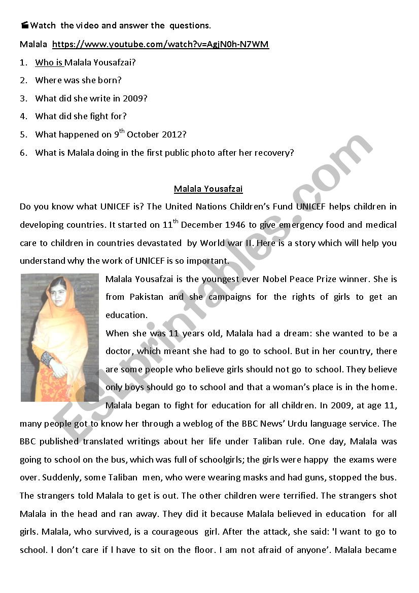 Malala  Yousafzai  worksheet