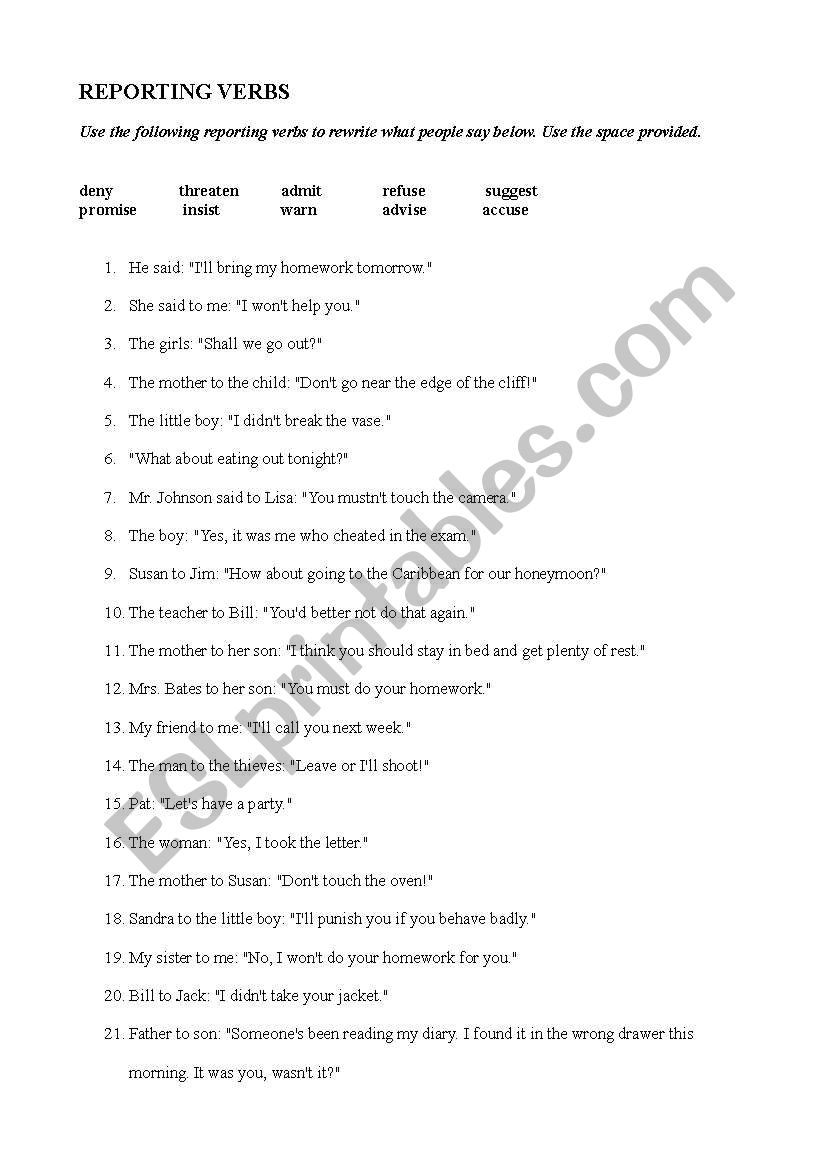 Some Reporting Verbs Exercises Key ESL Worksheet By Fikretnns