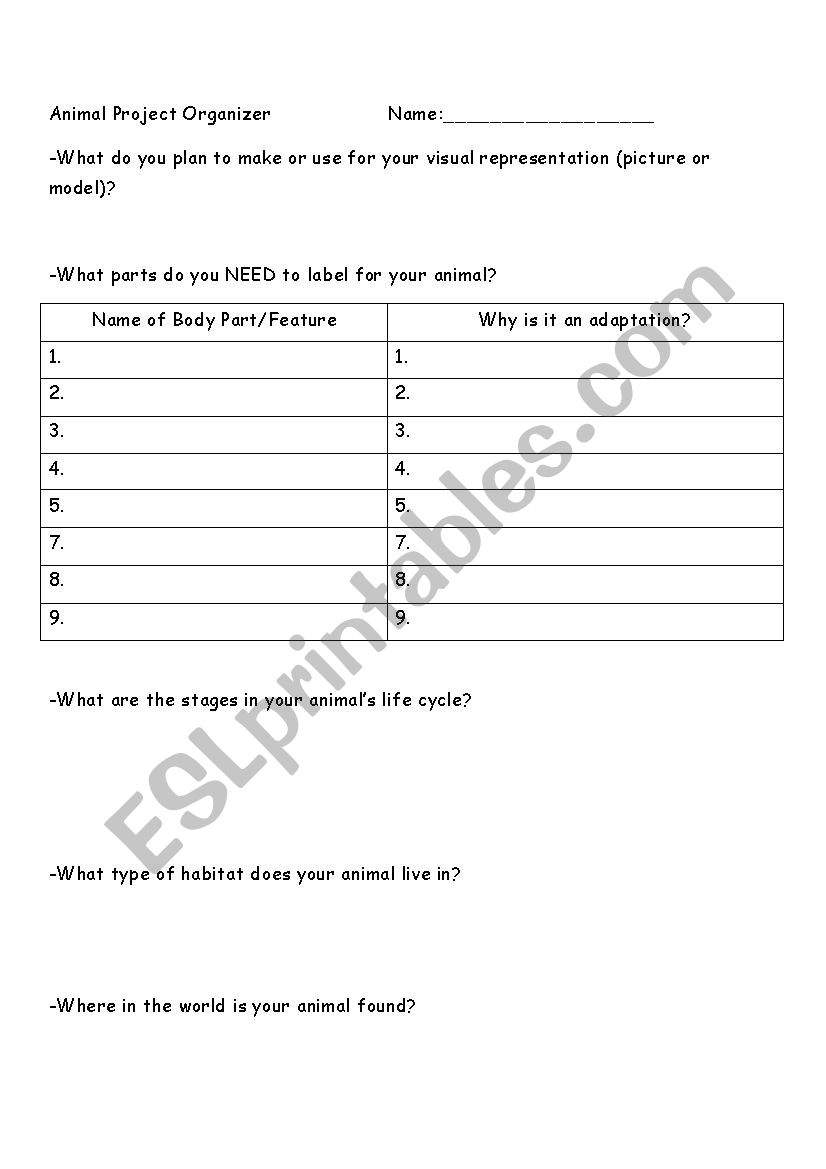 Animal Adaptation Fact Sheet worksheet