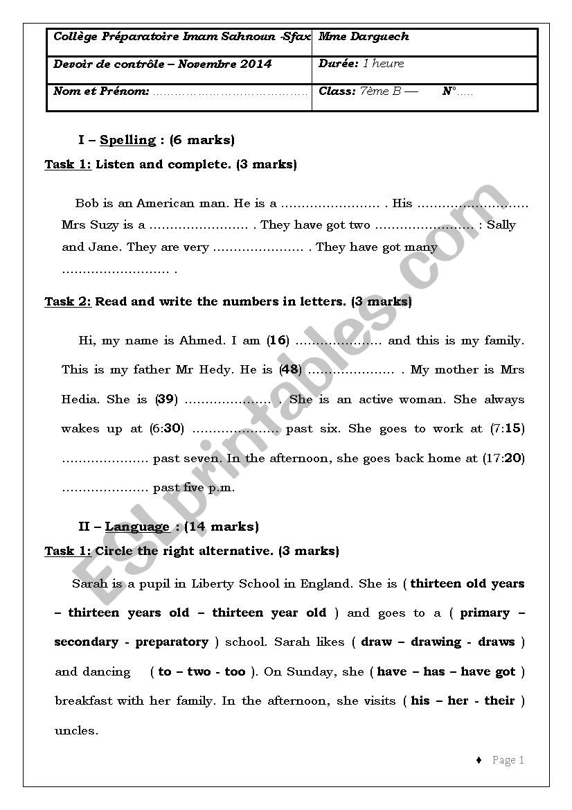 Test N°1 for the 7th form (1) - ESL worksheet by medlouai