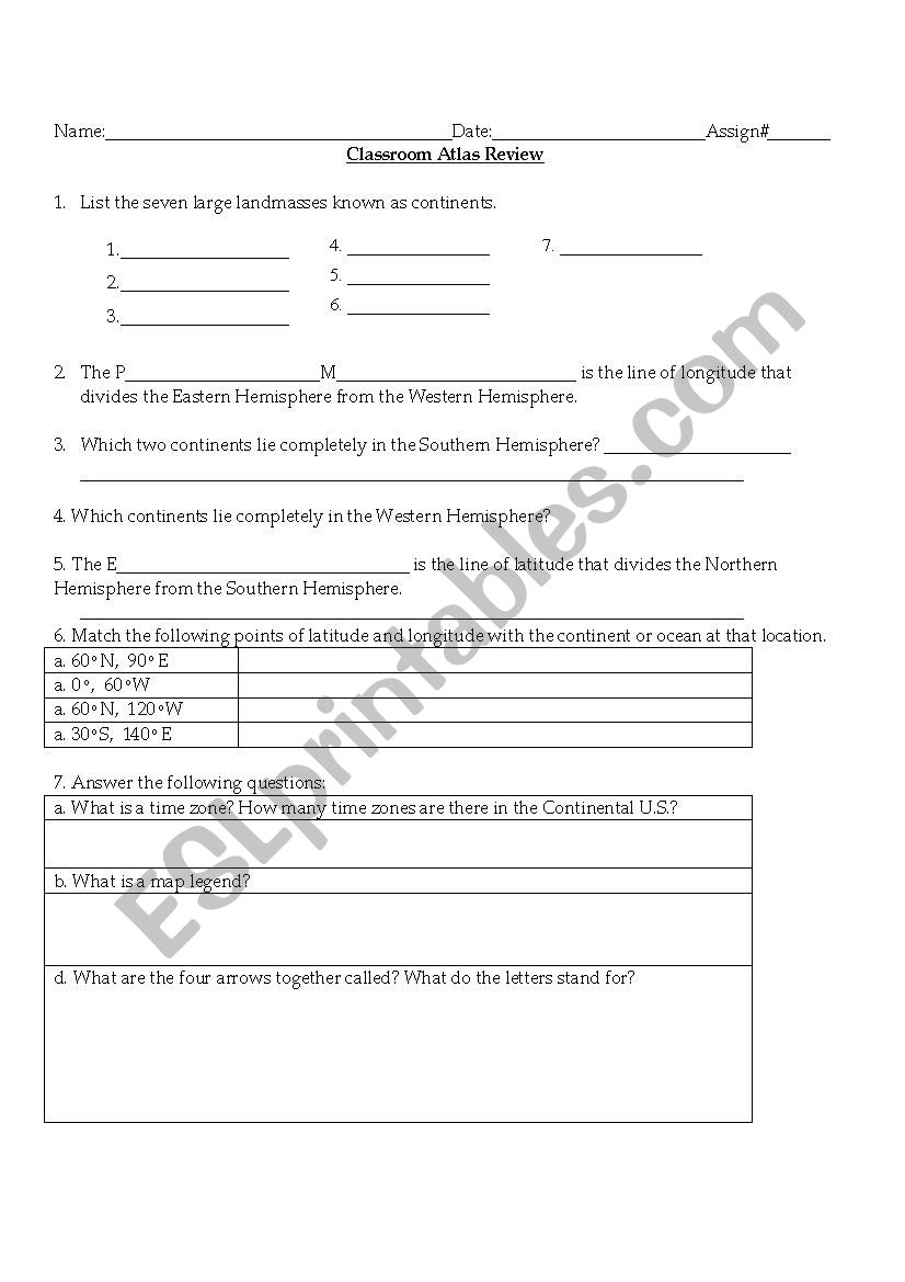 Classroom Atlas Review worksheet