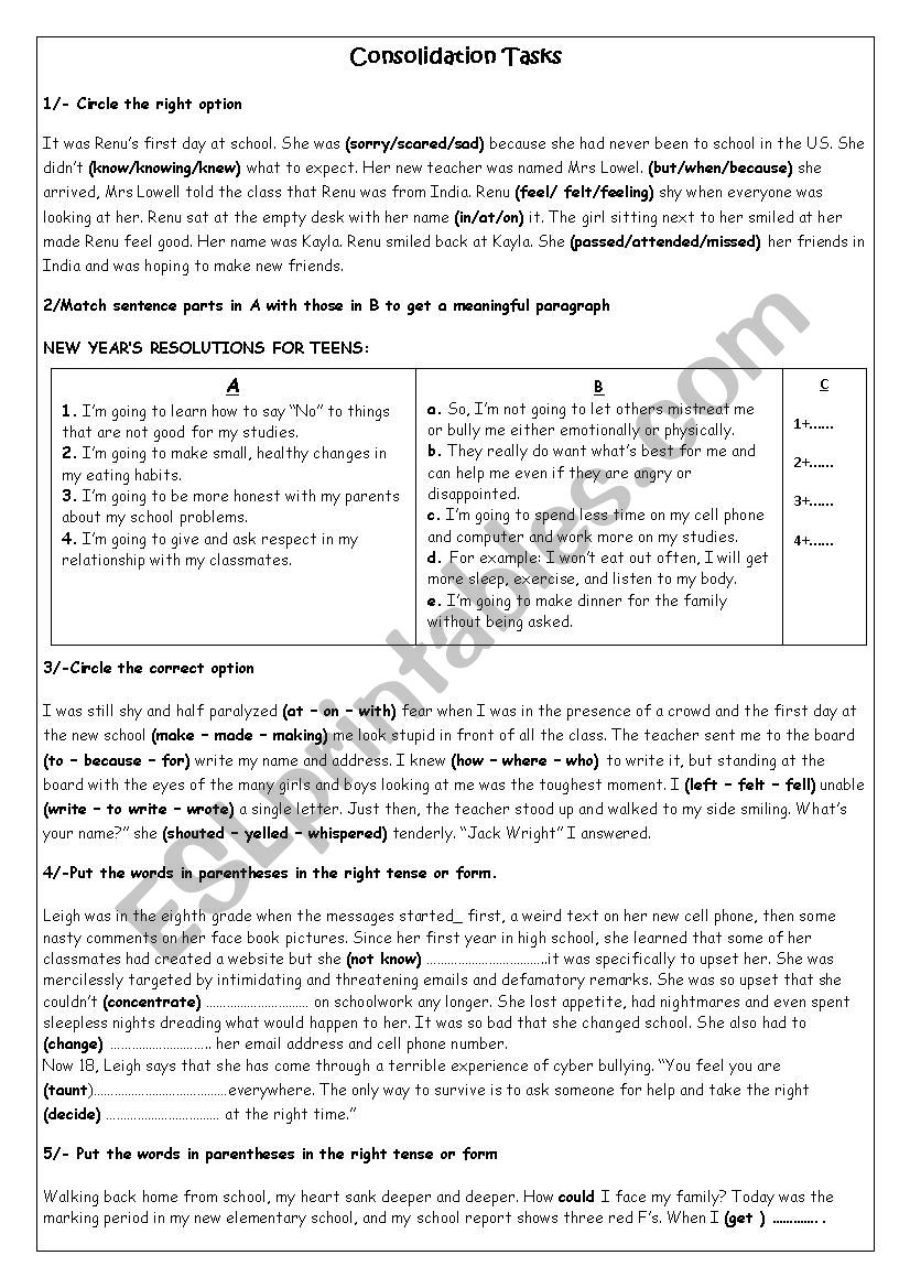 Consolidation tasks worksheet