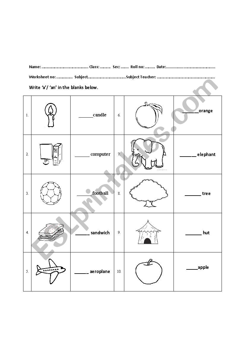 Articles- a or an - ESL worksheet by tarunashelly