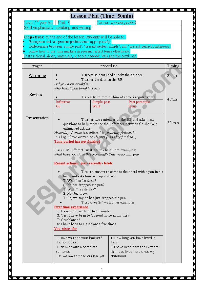 Present Perfect Lesson Plan ESL Worksheet By Qassar