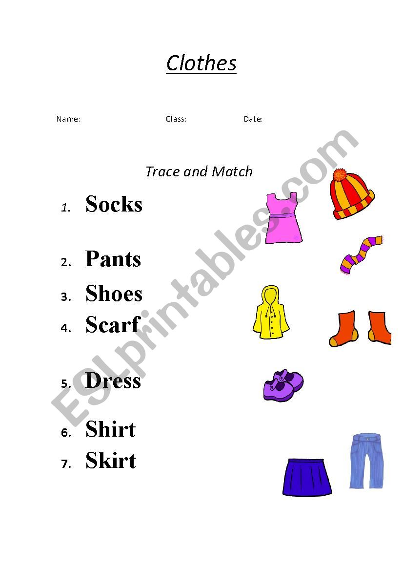 Clothes trace and match - ESL worksheet by canelaenpolvo