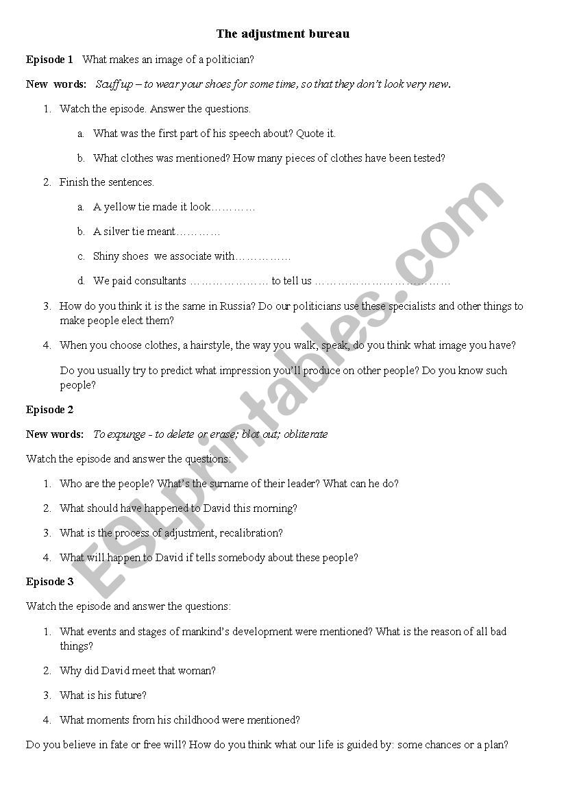 The adjustment bureau worksheet