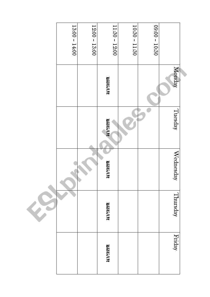 Gapped timetable worksheet