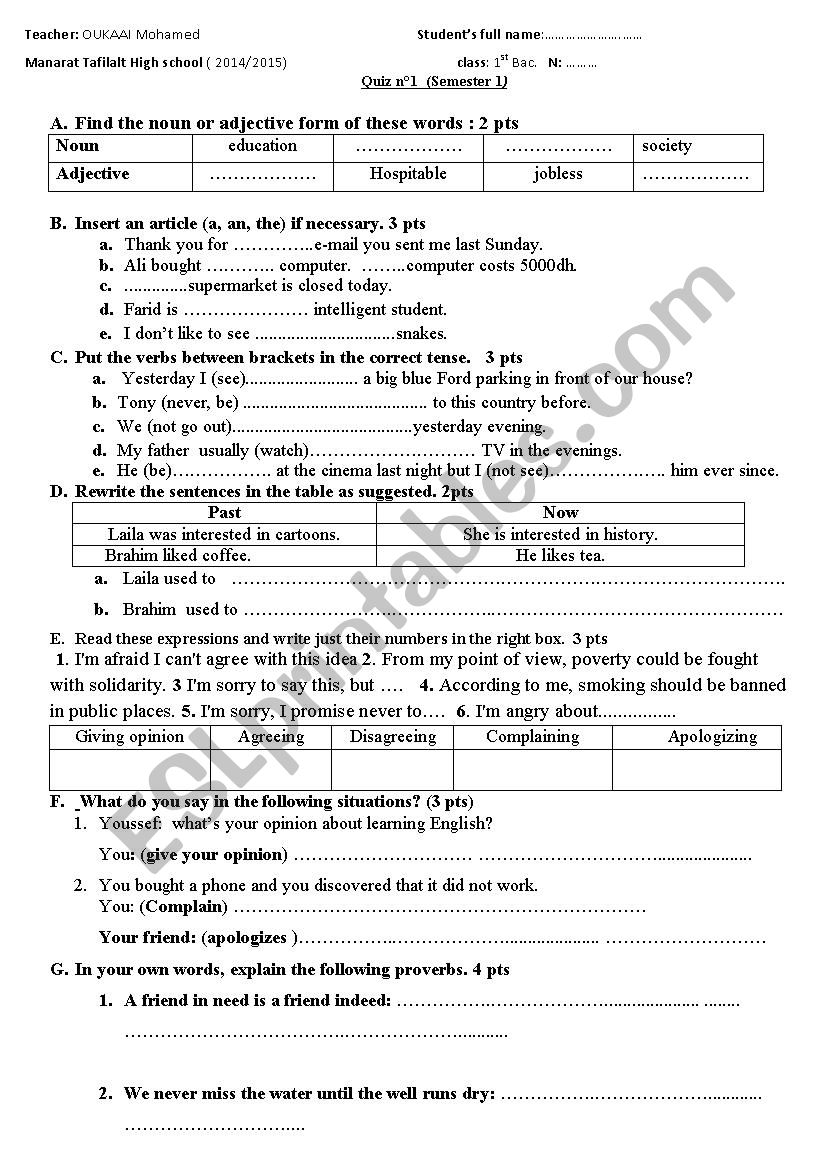 Quiz Esl Worksheet By Hamidteacher