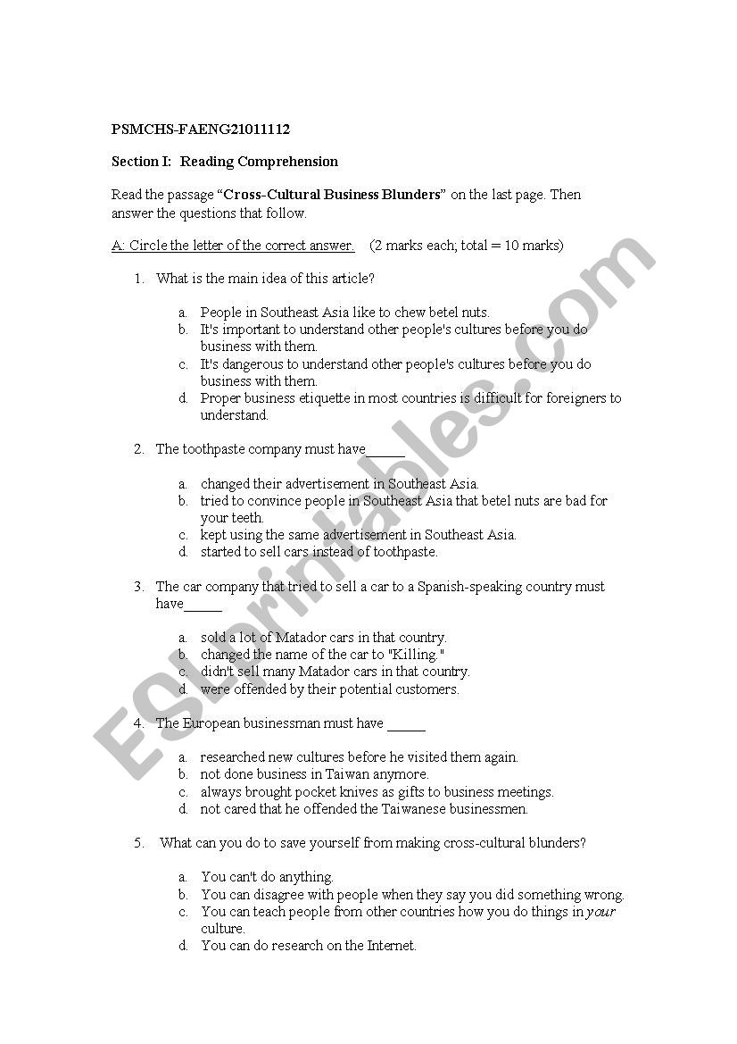 english test worksheet