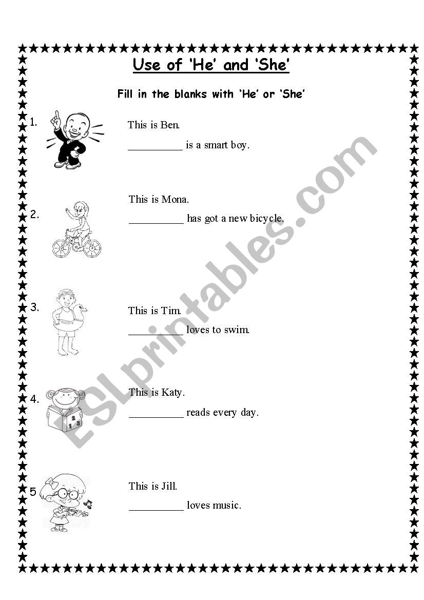 Use of He and She worksheet