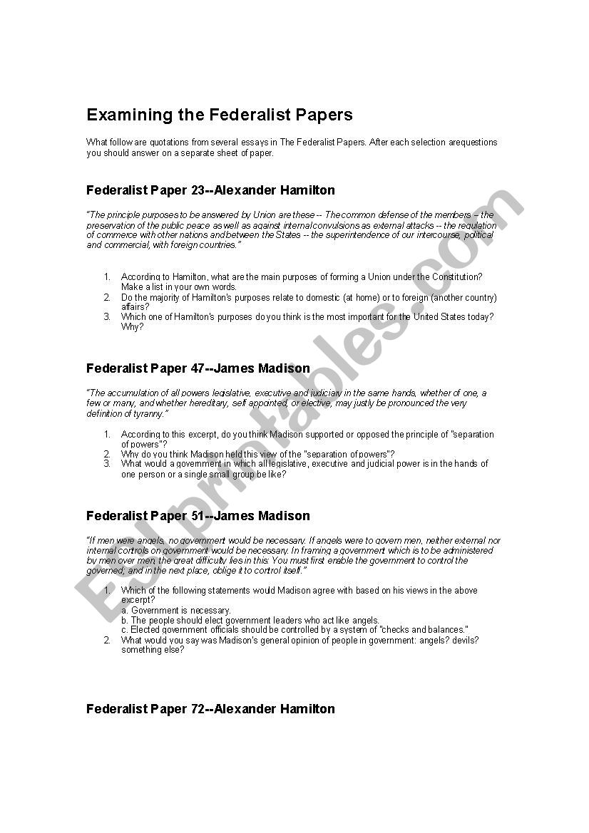 Worksheet Examining The Federalist Papers Esl Worksheet By Matanyl