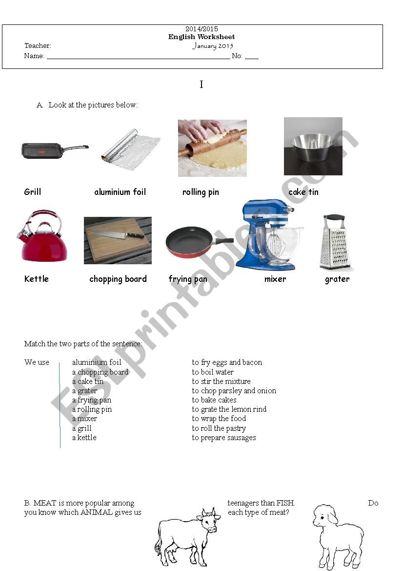 Food and kitchen equipement worksheet