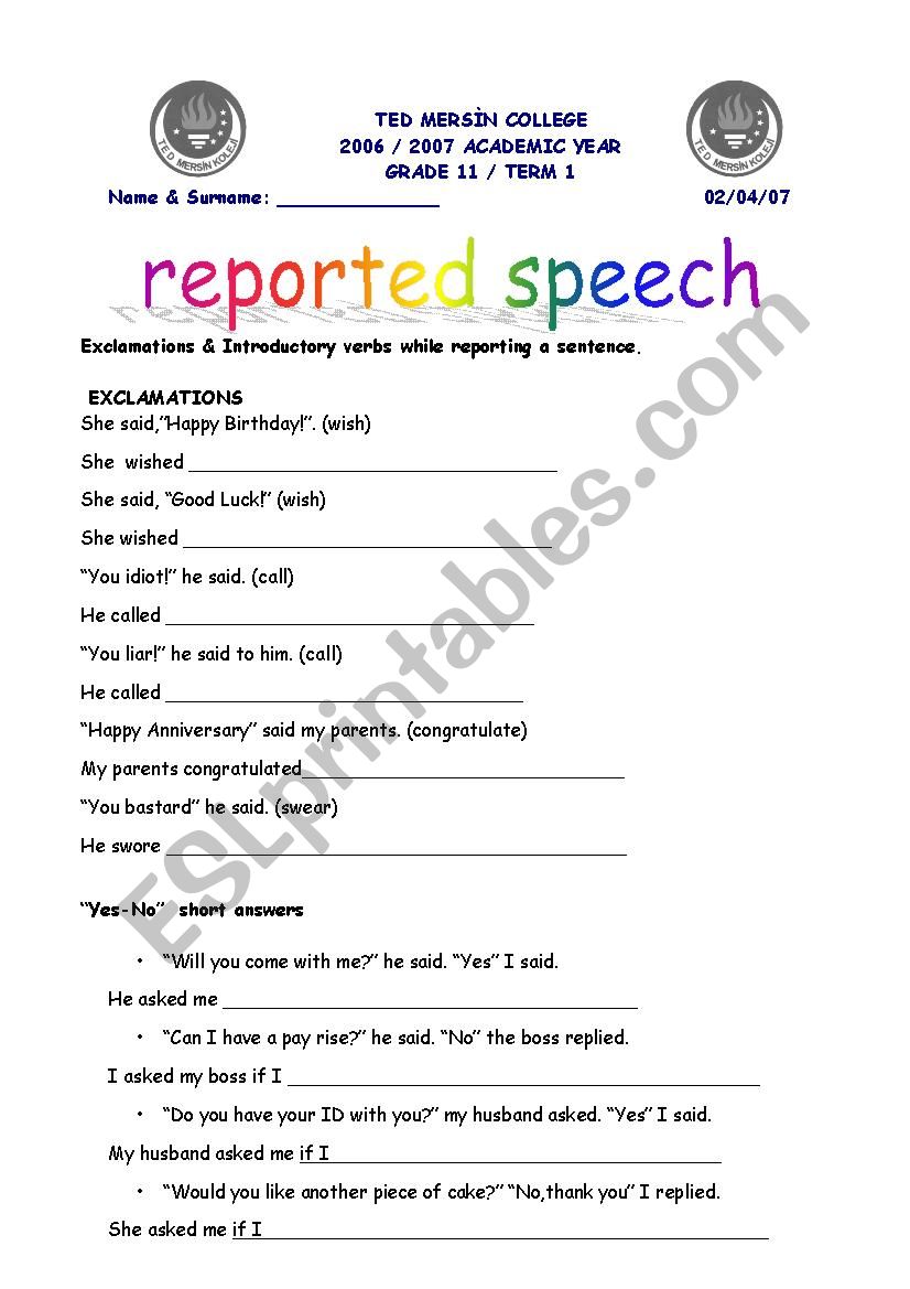 introductory verbs reported speech exercises pdf
