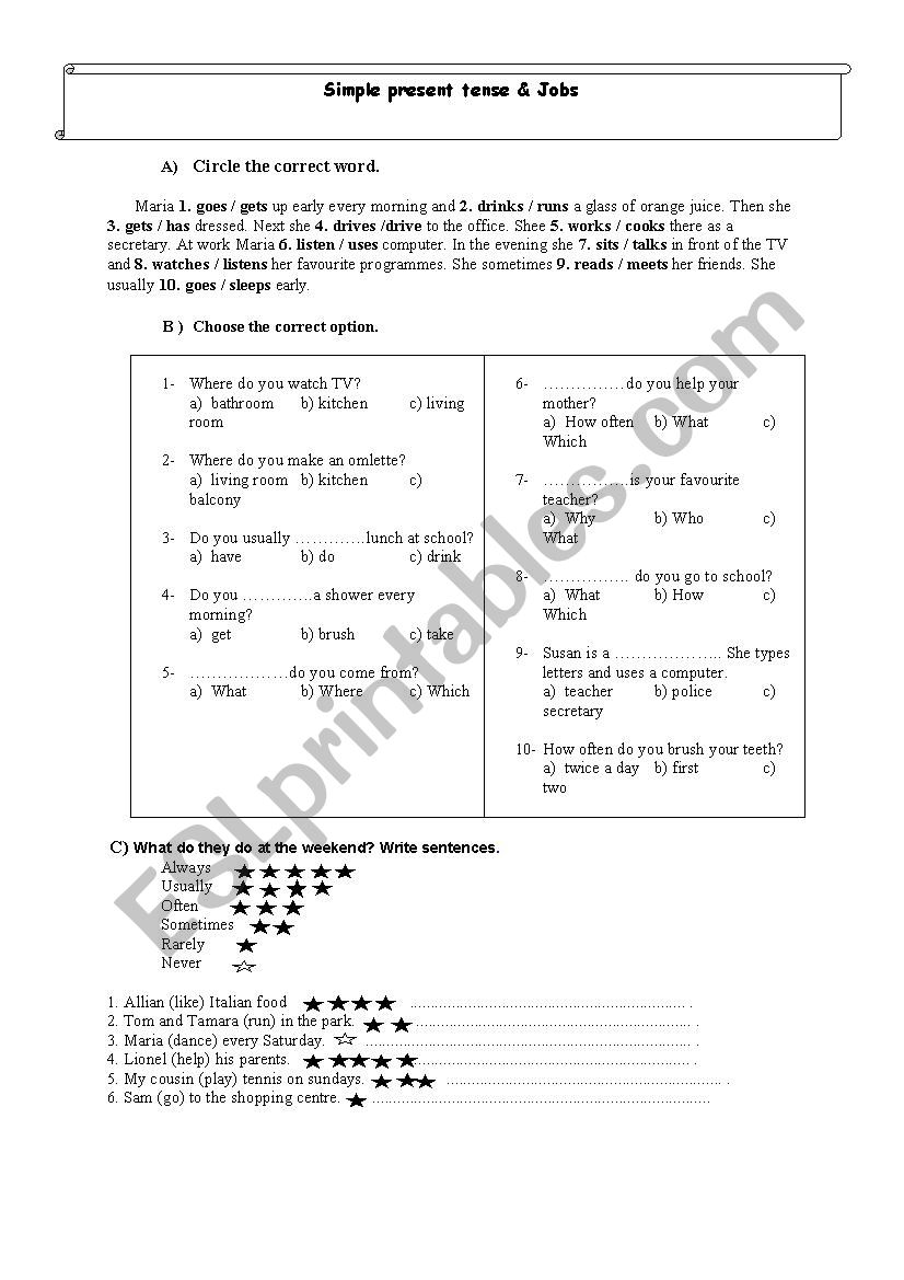 SMPLE PRESENT TENSE worksheet