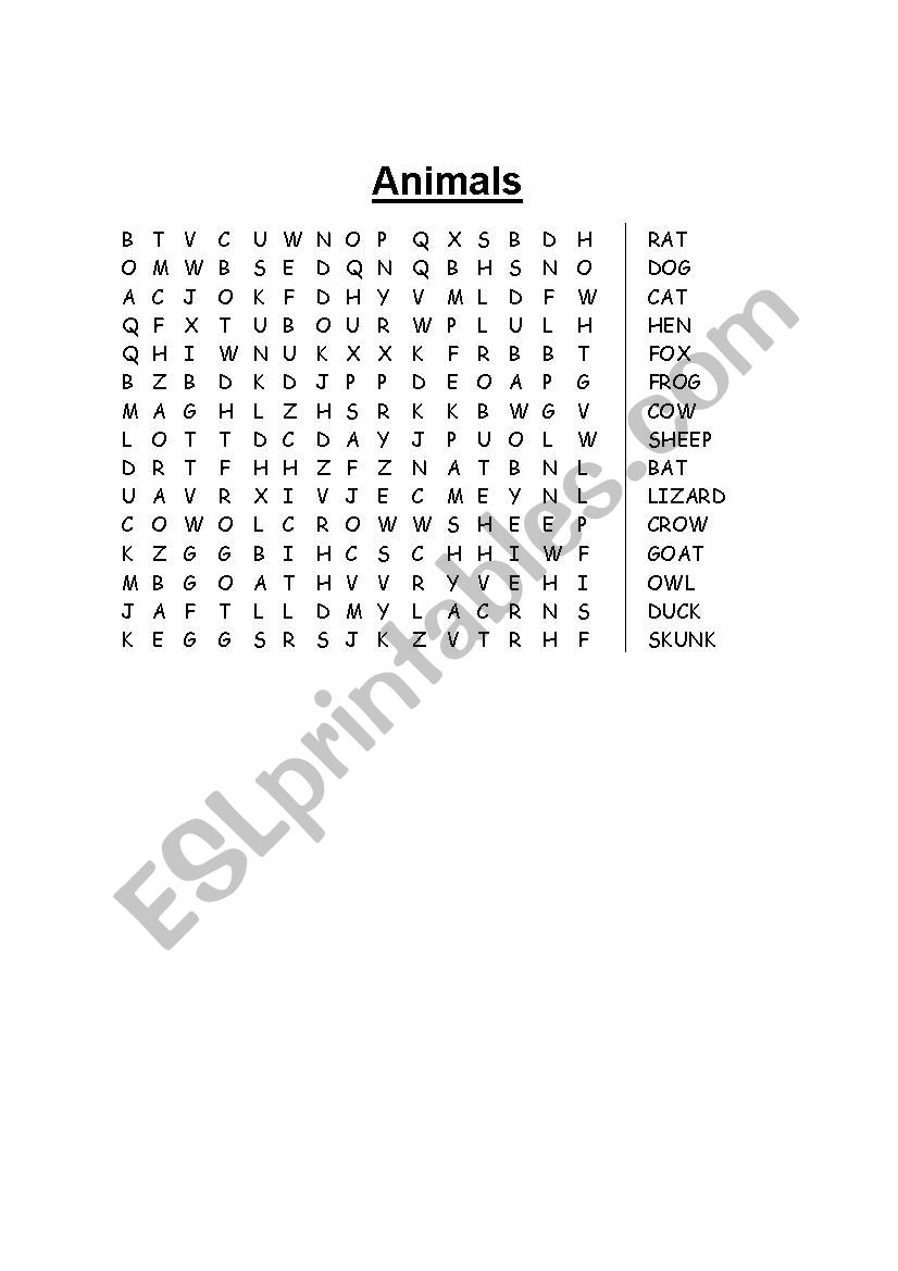 Animal wordsearch worksheet