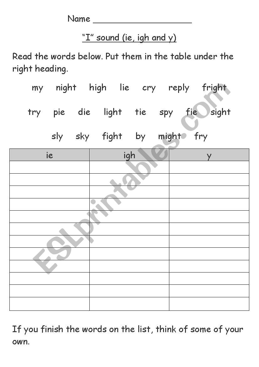 long i sound word sort worksheet
