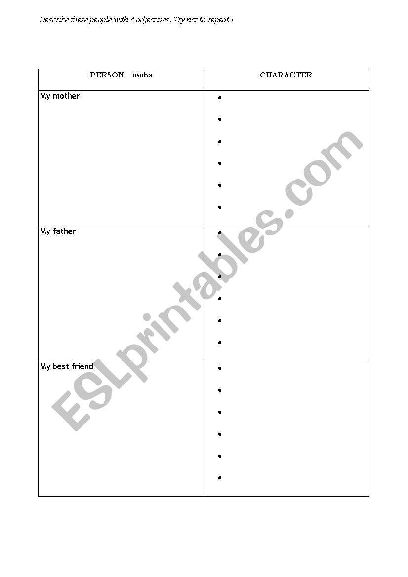 character/personality worksheet