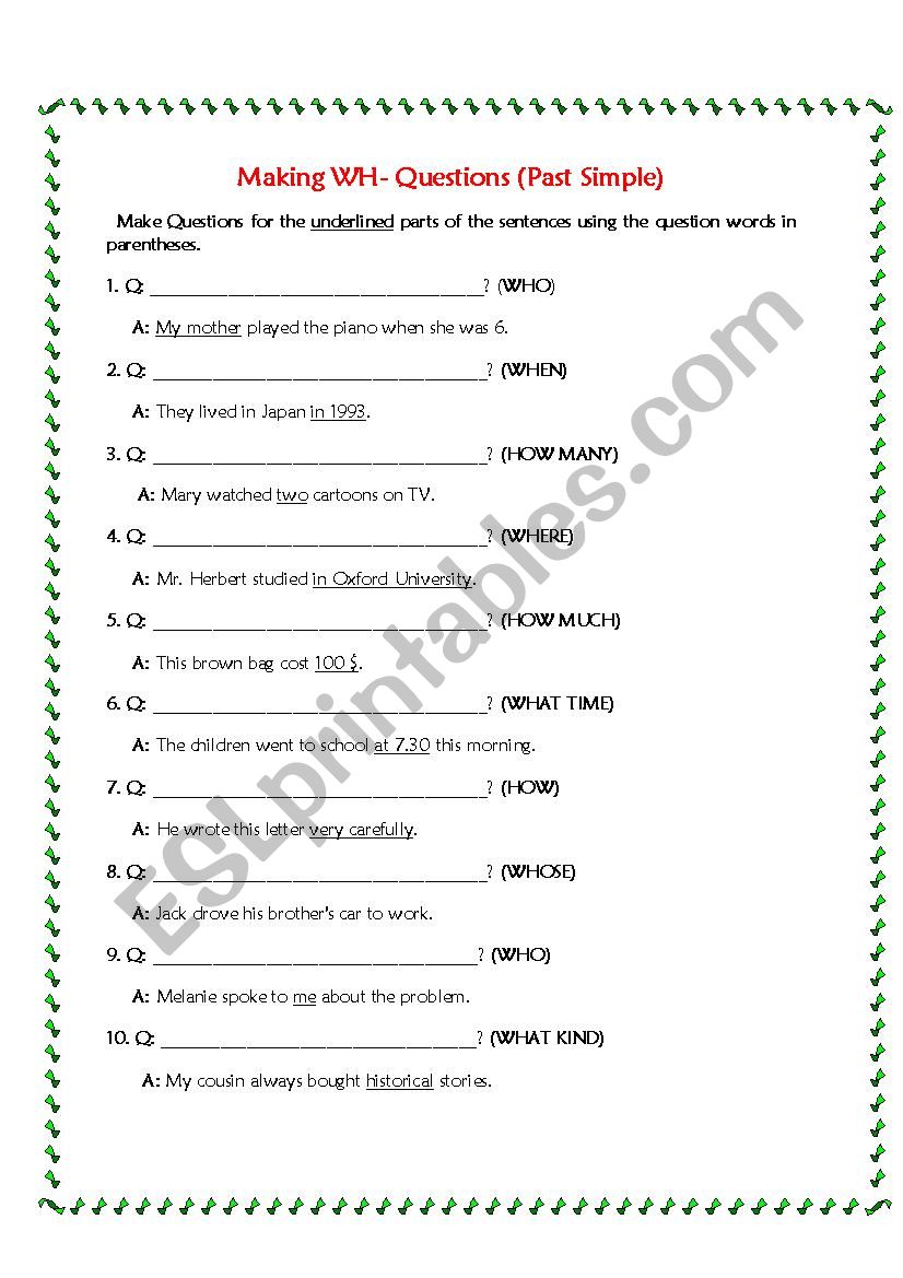 Past Simple Wh Questions Simple Past Tense Worksheet Wh Questions Images