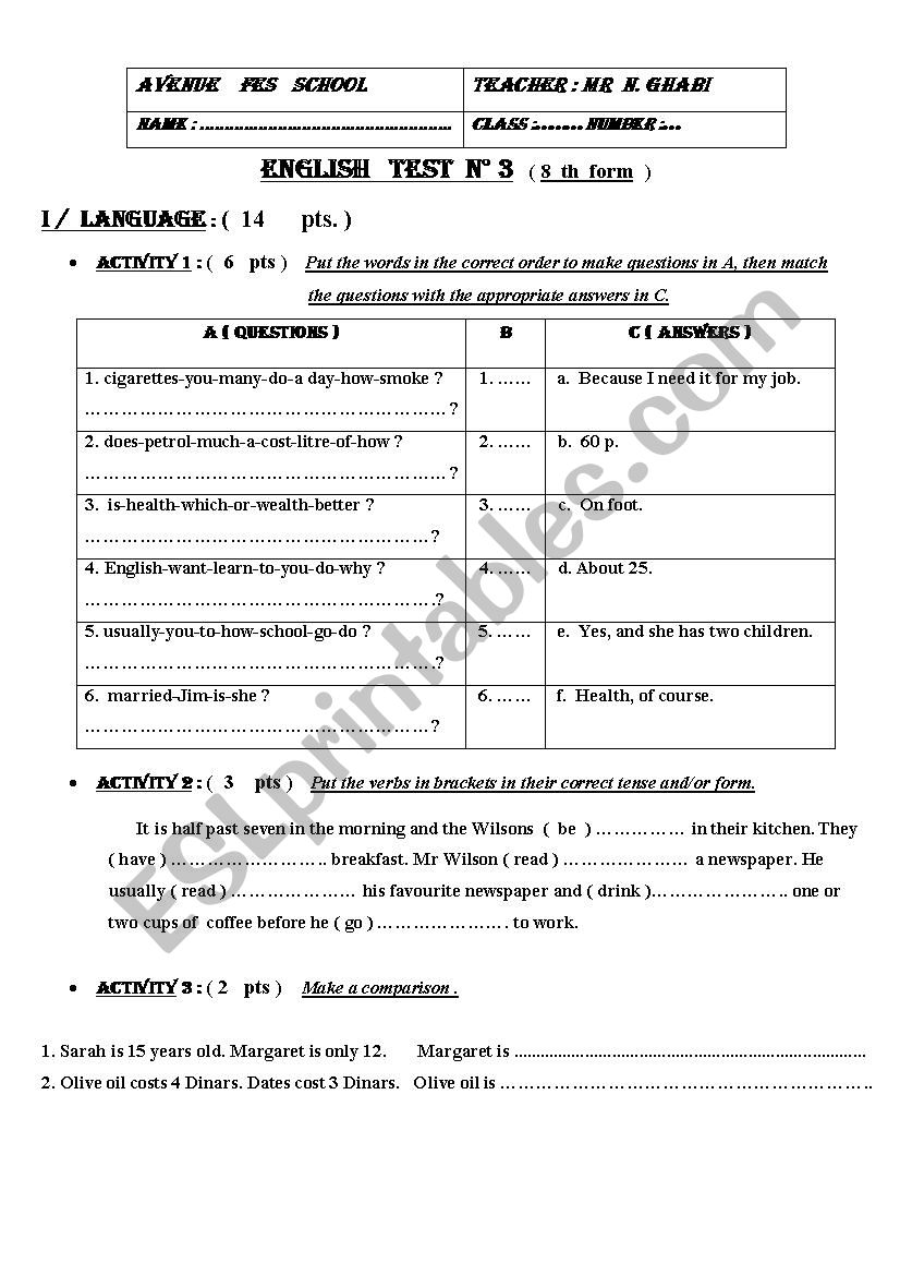 English  Test worksheet