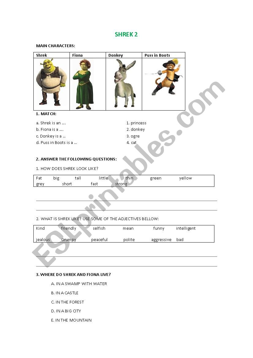 Shrek 2 worksheet