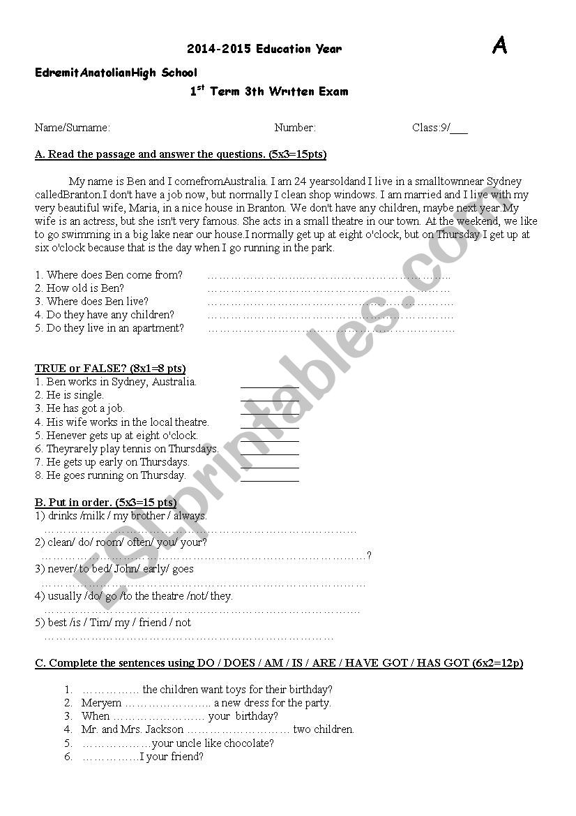 9th grade 3th wrtten exam worksheet