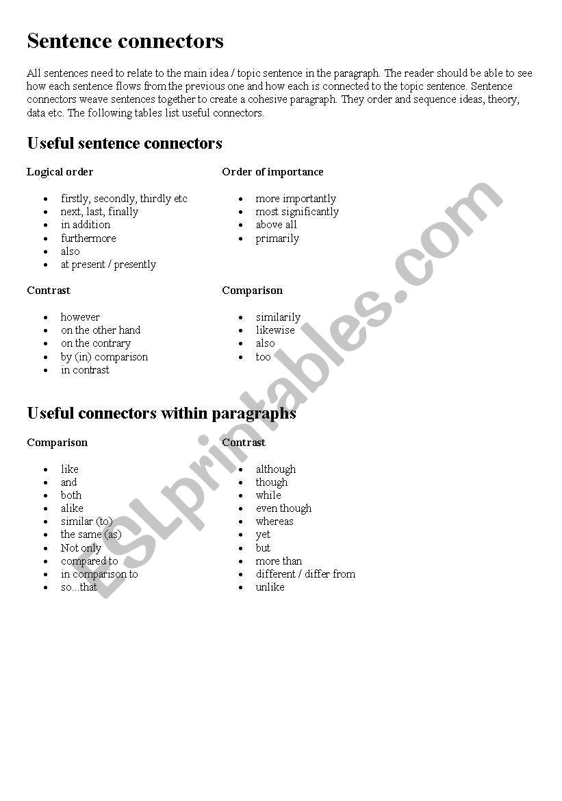 sentence connectors worksheet