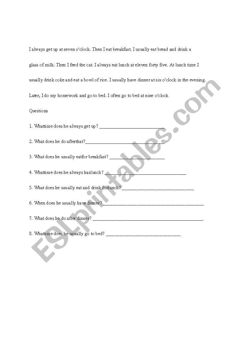 routine worksheet