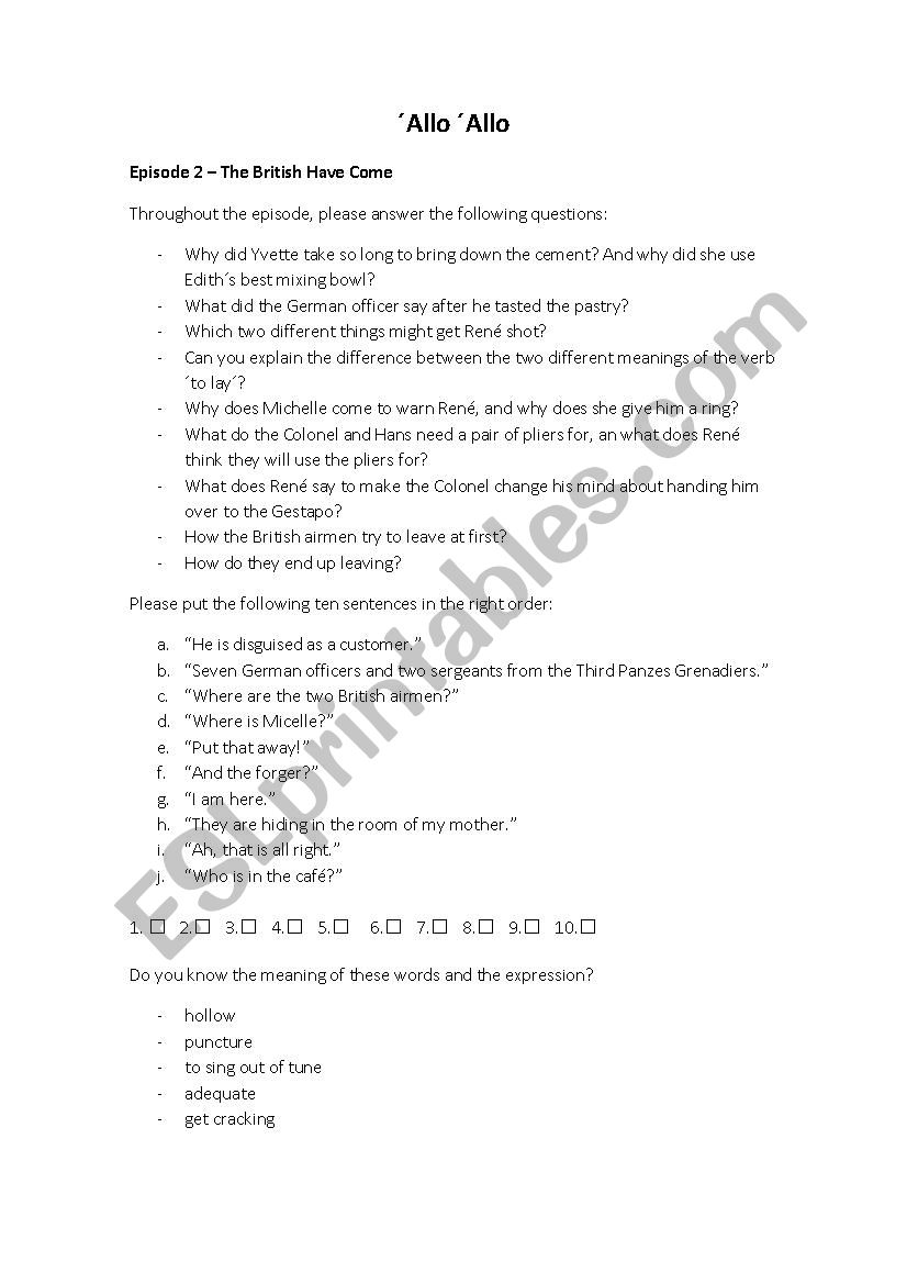 Allo Allo episode 2 worksheet