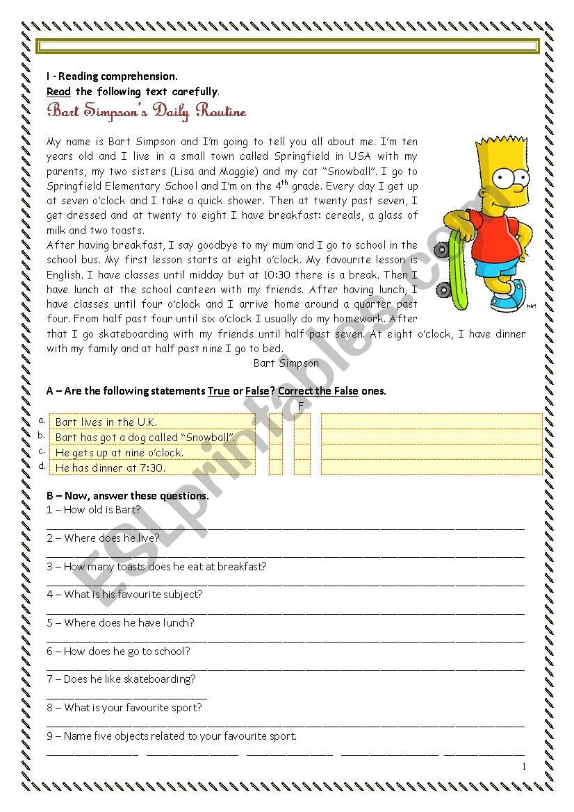 Bart Simpson Daily Routine worksheet
