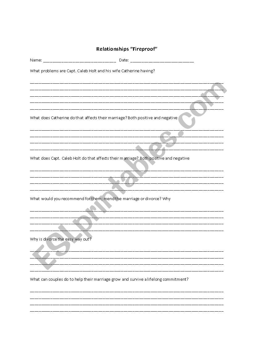 Fireproof Movie Worksheet worksheet