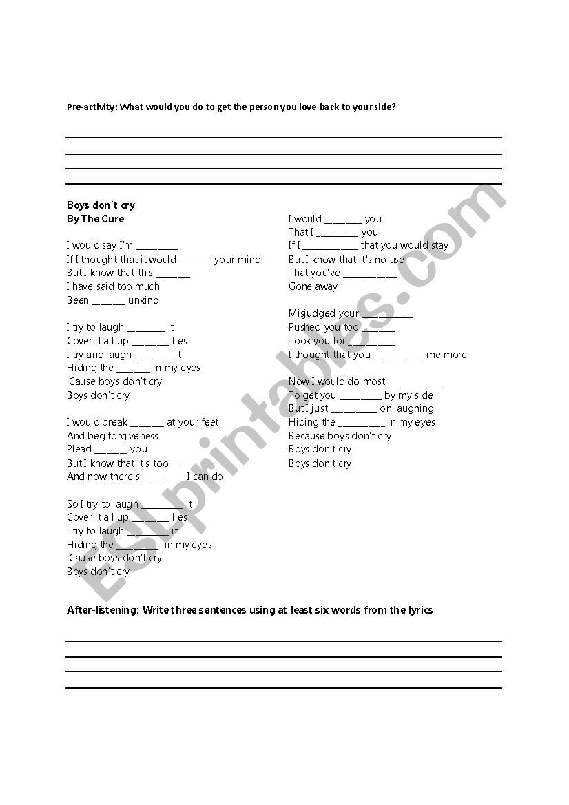 Boys Dont Cry Sing Along worksheet