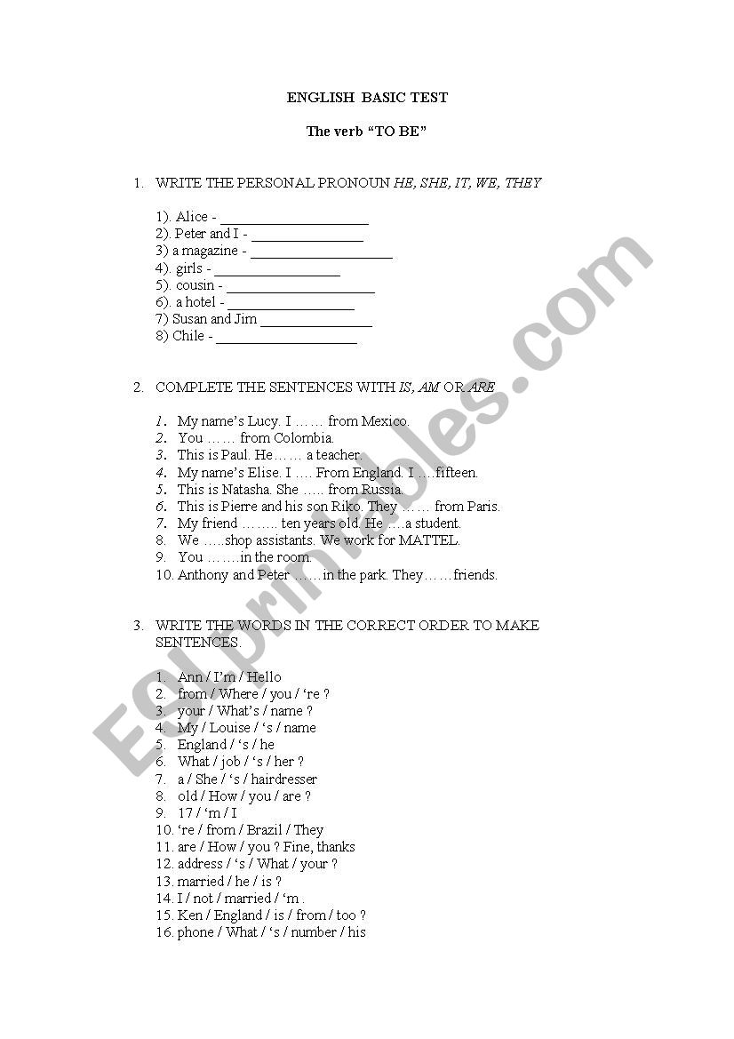 English Test for begginers worksheet