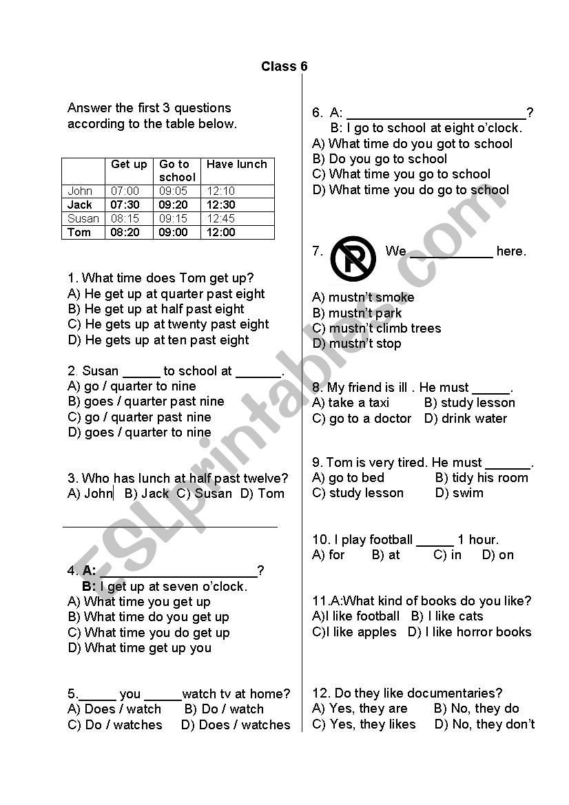 20 test questions for 6th class students