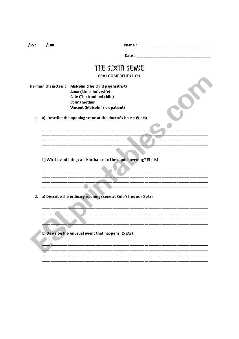 The sixth sense worksheet