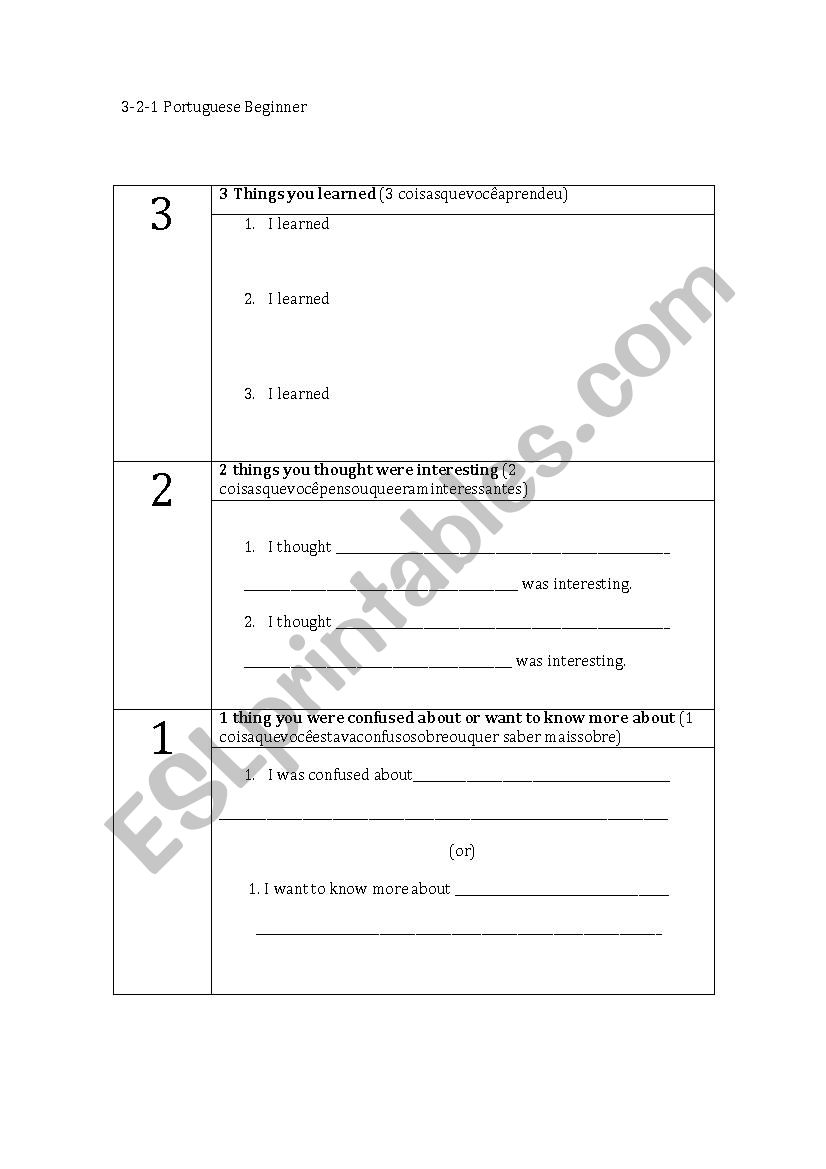 3-2-1 Summary worksheet