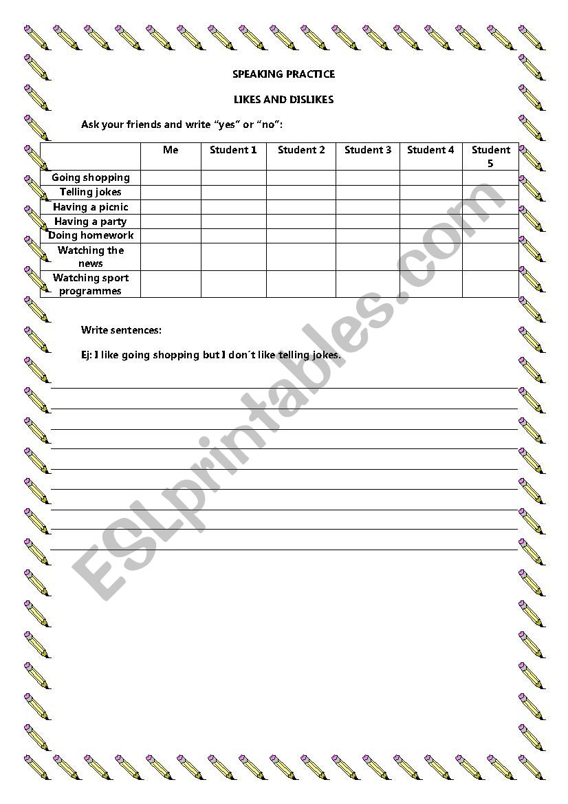 likes and dislikes worksheet