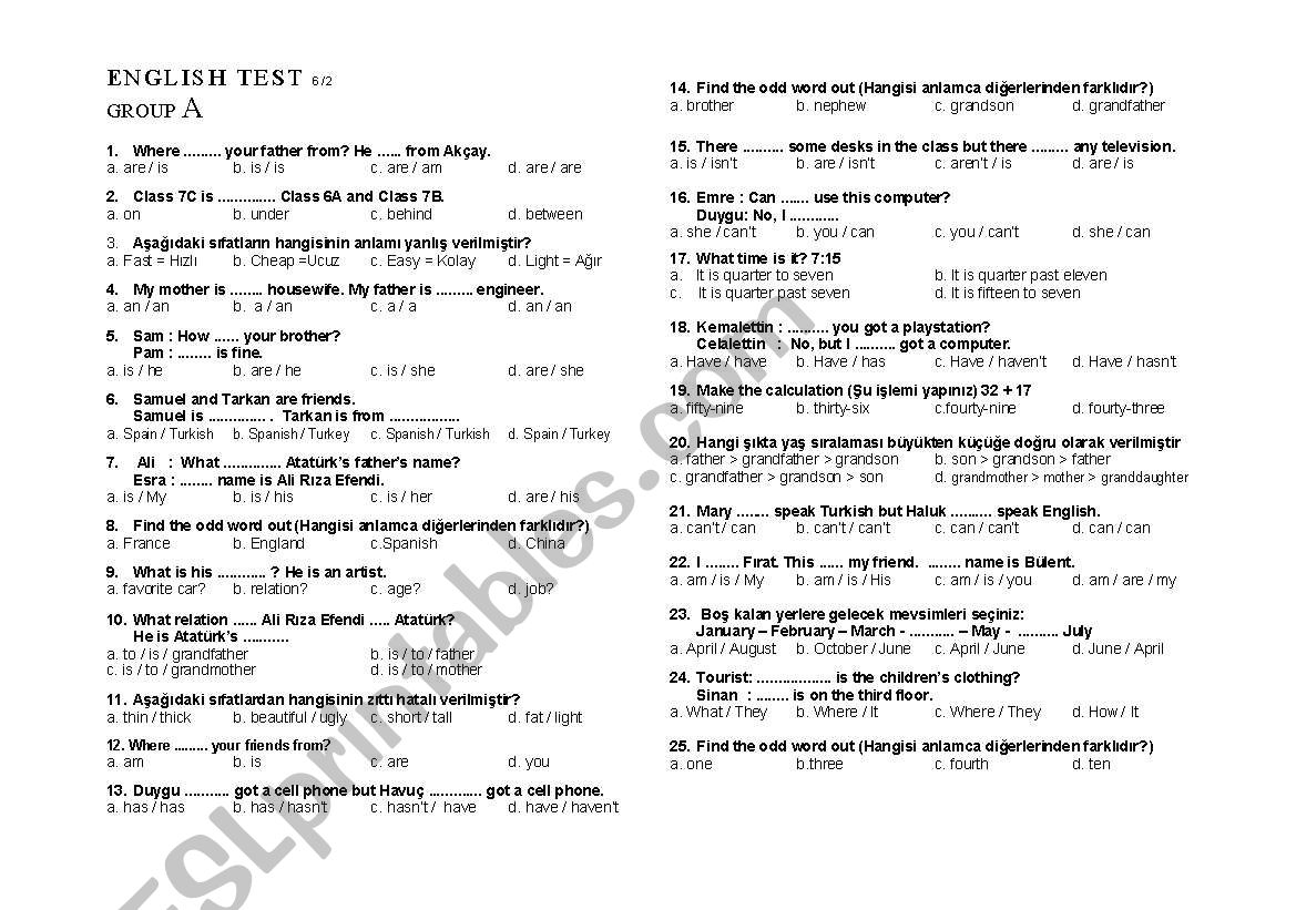 6th classes test worksheet