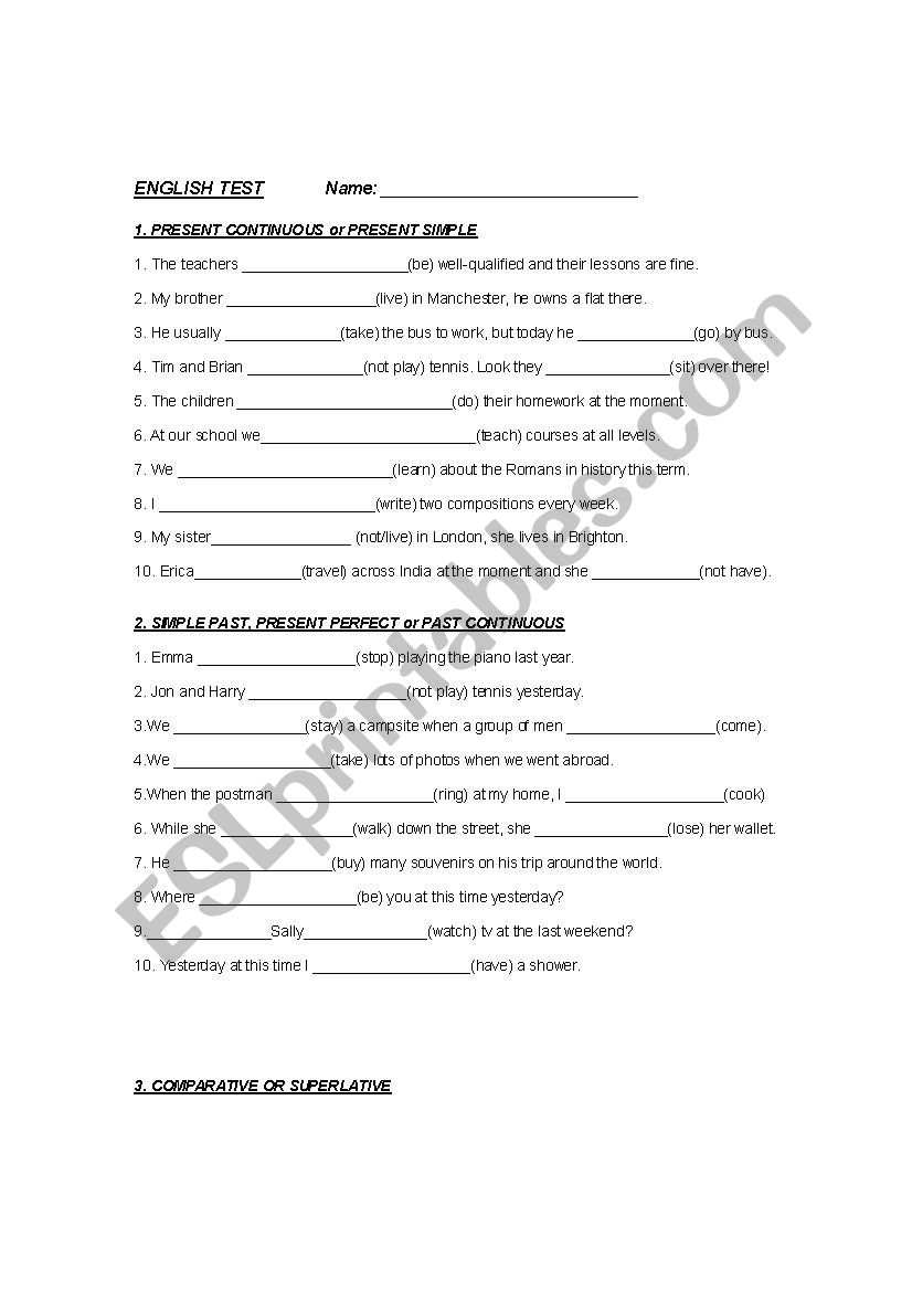 exam worksheet