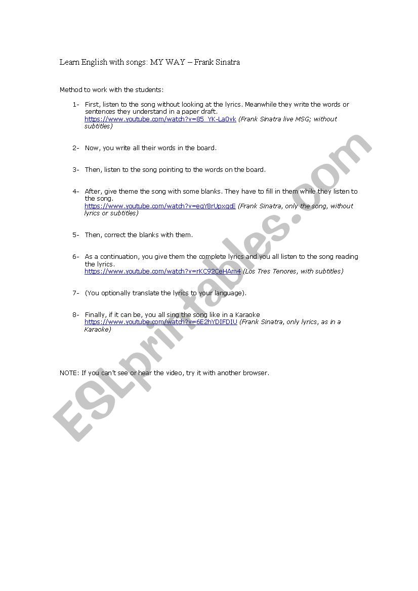 My Way Song Esl Worksheet By Inglesbal