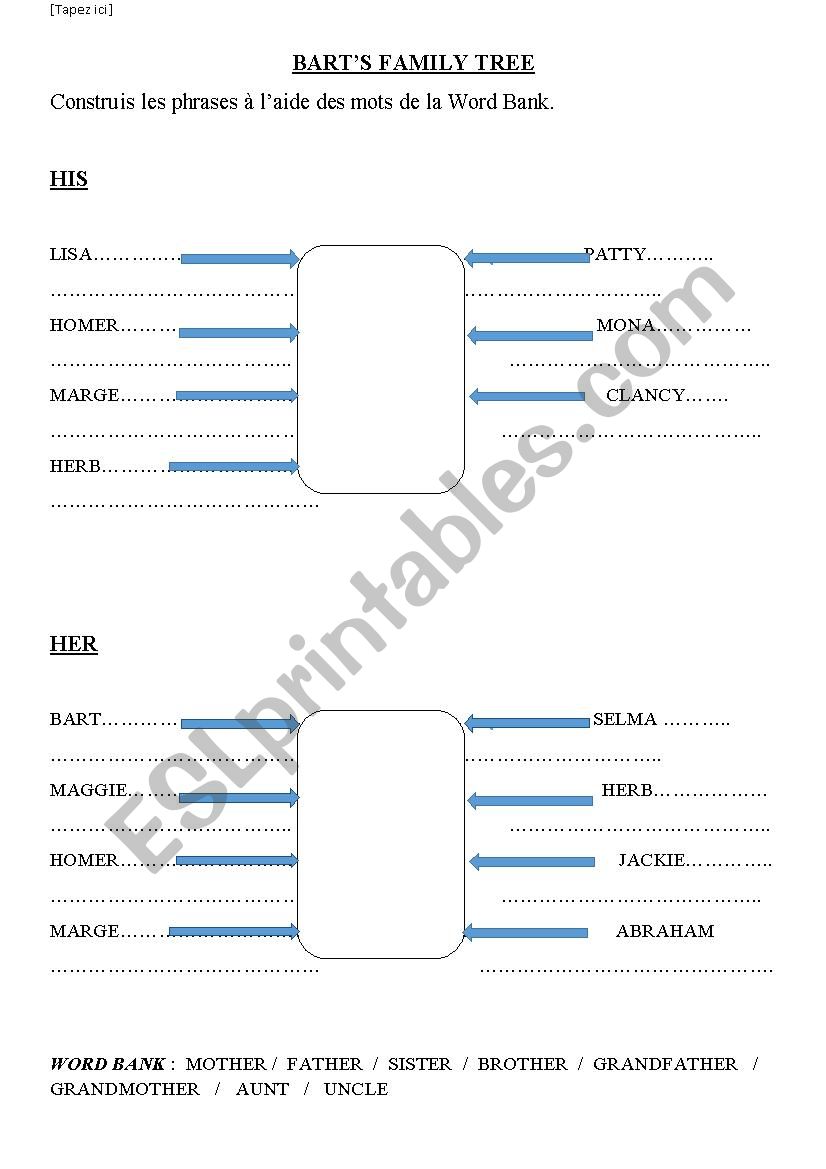 BARTS FAMILY TREE worksheet