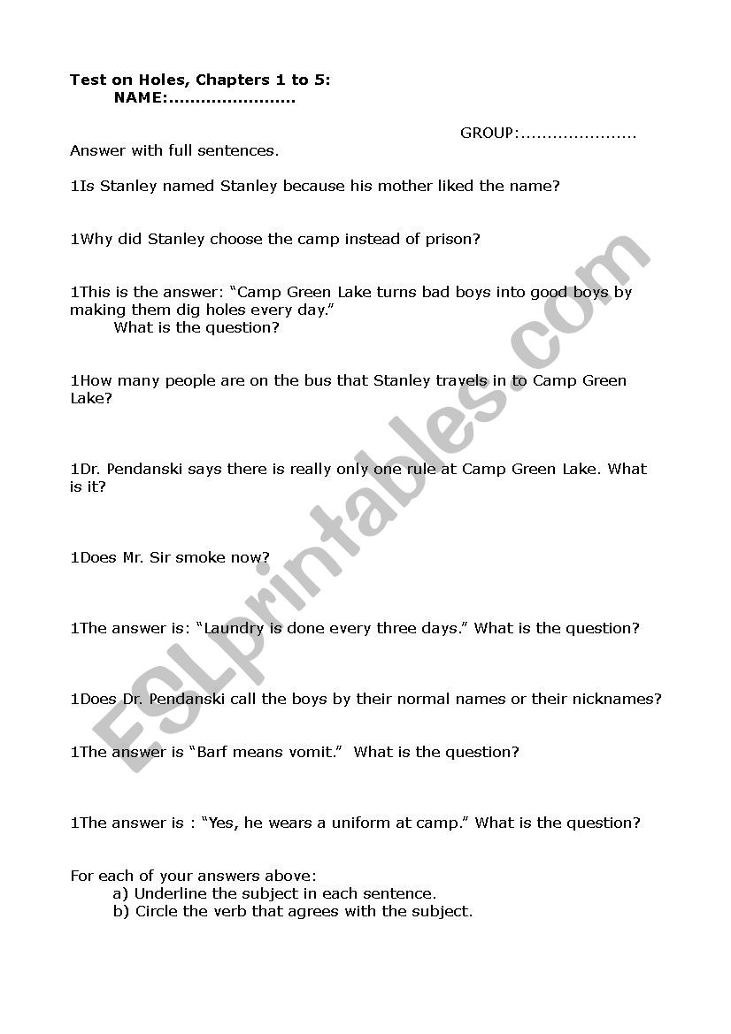 Study Guide Questions and Answers for Holes by Louis Sachar